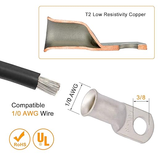 SVAAR 10pcs 1/0 AWG - 3/8'' Tinned Copper Cable Lugs Wire Lugs UL Listed 0 Gauge Ring Terminals Battery Cable Ends Heavy Duty Closed End Crimp Connectors with 10pcs 3:1 Heat Shrink Tubings