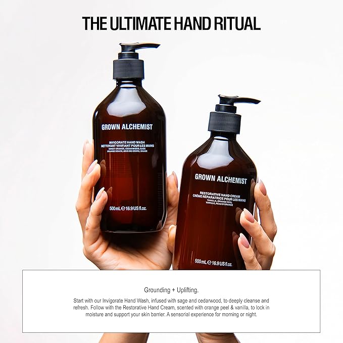 Grown Alchemist Invigorate Hand Wash. Sweet Orange, Cedarwood, Sage. Soothe, Soap to Cleanse & Nourish Skin, (500mL).