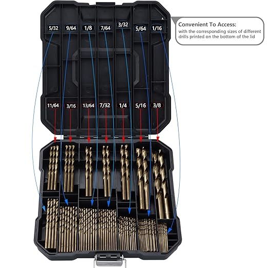 Cobalt Drill Bit Set for Hardened Metal and Stainless Steel, 99Pcs M35 High Speed Steel Twist Jobber Metal Drill Bits 1/16"-3/8", with Plastic Index Storage Case