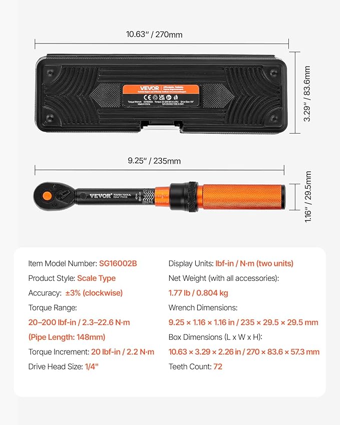 VEVOR 13Pcs Torque Wrench Set, 1/4 Inch Drive, 20-200IN.LB(2.3-22.6Nm), 72-Tooth Click Torque Wrench with Hex/Torx/Sockets, Extension Bars, for Bicycle Motorcycle Maintenance