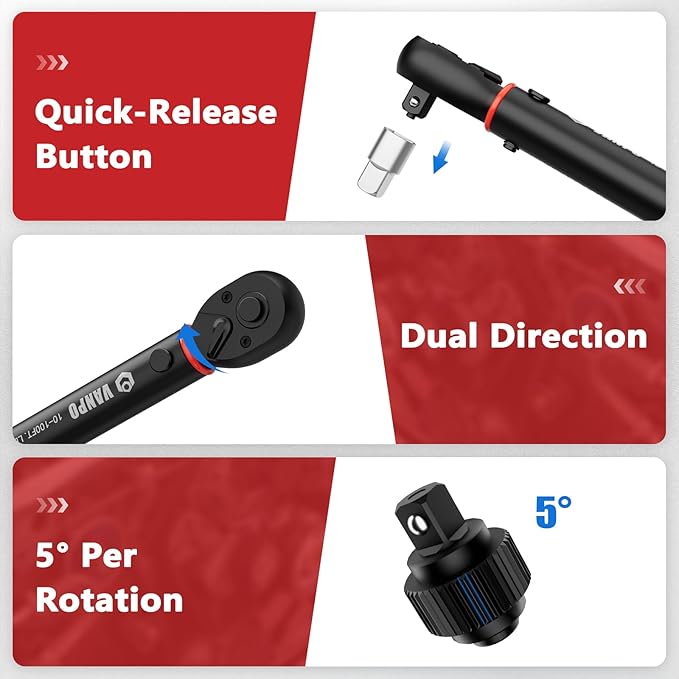 Torque Wrench 3/8-Inch Drive, 10-100 Ft-Lb/13.6-135.5Nm Click Adjustment Torque Wrench with 3/8" to 1/2" Adapter, 125mm Extension Bar Motorcycle, Car & Small Machinery Maintenance