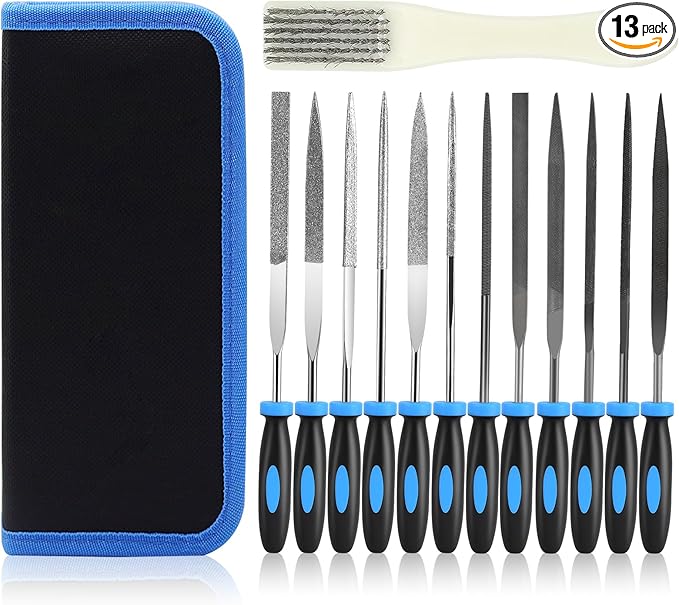 13Pcs Premium Small File Set, 6 Diamond Files, 6 Steel Files, Cleaning Brush & Carrying Case for Wood, Plastic, Jewelry, Leather, DIY