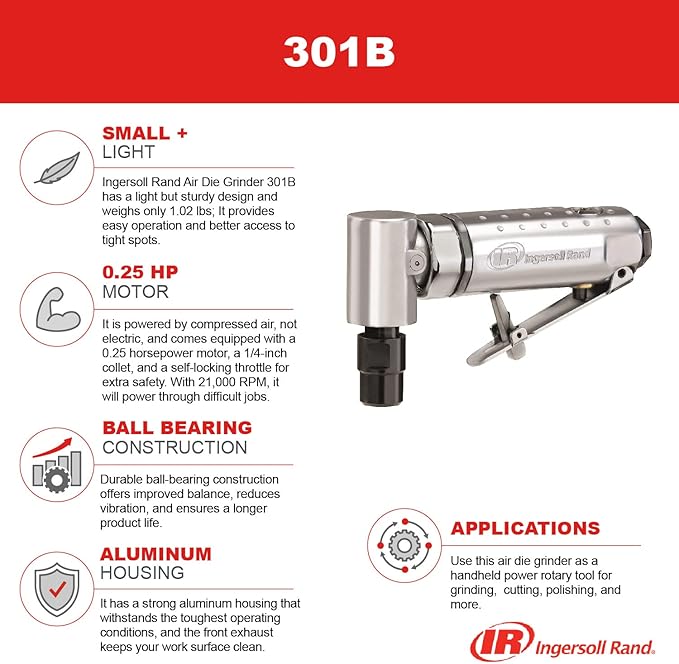 Ingersoll Rand 301BK Angle Air Die Grinder Stone Kit, 21,000 RPM, 0.25 HP, 1/4" Collet, Front Exhaust