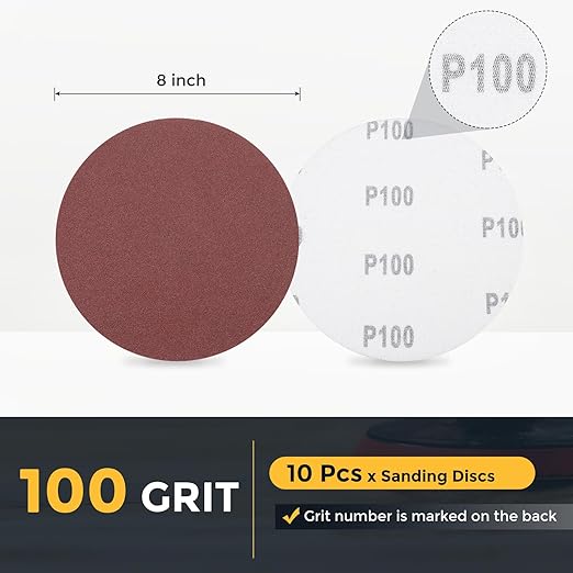 HARFINGTON 10 Pcs 8 Inch Sanding Disc 100 Grit Hook and Loop Sandpaper Random Orbital Sander Pads for Woodworking Automotive Metal Polishing