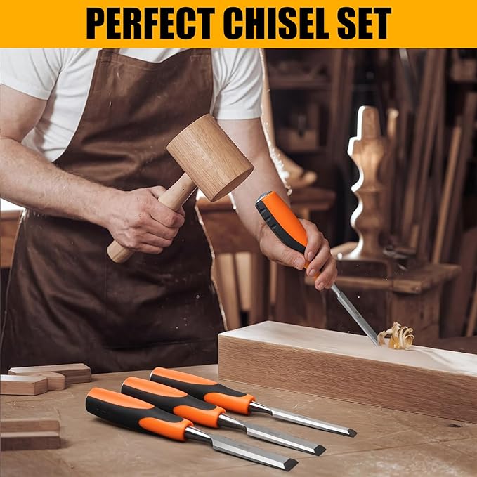 4 Piece Wood Chisel Sets Woodworking Tools Set, Wood Chisels for Woodworking with Steel Hammer End, Wood Tools Chisel Set Woodworking with Ergonomic Plastic Handle