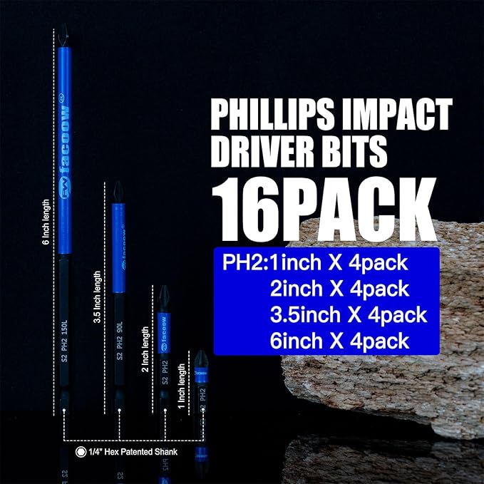 16 Pack Phillips Impact Driver Bits, #2 Phillips Head Magnetic Screwdriver Bits Set, 1" - 6" S2 Alloy Steel Impact Bits, 1/4" Hex Shank Screwdriver Drill Bit, CNC Machined ph2 Impact Drill Bits