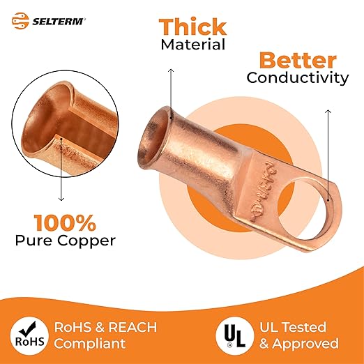 SELTERM 2pcs 4 AWG 3/8" Stud Copper Wire Lugs, Battery Lugs, Ring Terminals, Battery Cable Ends, 4 Guage Ring Terminal Connectors, UL Heavy Duty Bare Copper Eyelets Battery Terminal Connectors