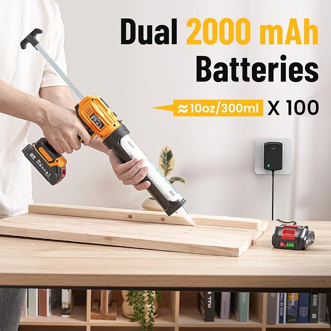 Electric Caulking Gun, Cordless Caulking Gun with 2x 2000mAh Batteries, 9Pcs Silicone Caulking Tools, 4 Adjustable Speeds, LED Light, 10OZ Battery Silicone Gun for Filling, Sealing (Yellow)