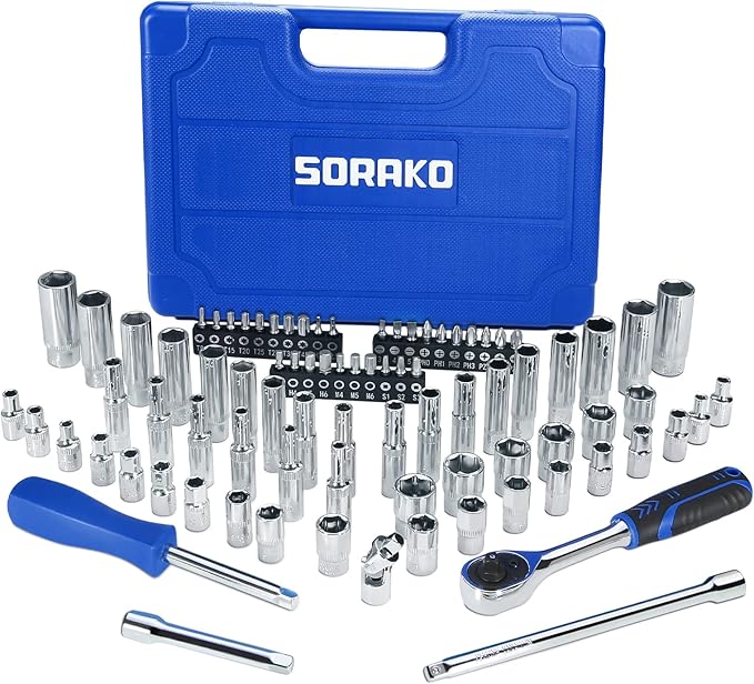 SORAKO 87-Piece Drive Socket Wrench Set, 1/4-Inch Drive, Chrome Vanadium Steel, Includes 72 Tooth Ratchet, Sockets, Case