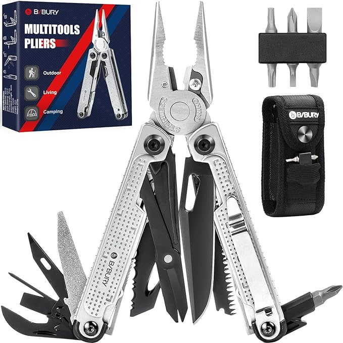 BIBURY Multitool Pliers BI2048B, Stainless Steel Multi Tool with Upgraded Rope Cutter and Screwdrive, Foldable Self-locking Multitools with Nylon Pouch, Ideal for Camping, Hiking, Survival, Repair