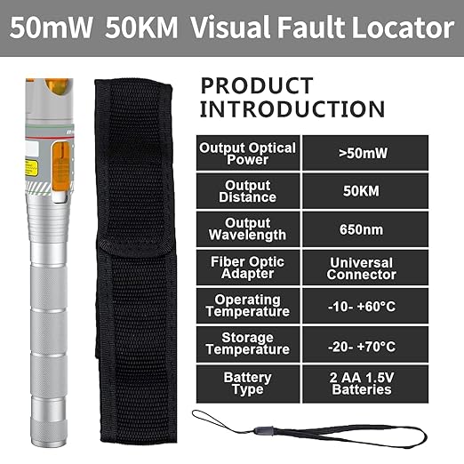 Fiber Visual Fault Locator 50KM with FC/LC Adapter Kit, VFL Include Single Mode 9/125um FC Male to LC Female Connector, Red Light Pen for CATV Telecommunications Engineering Maintenance