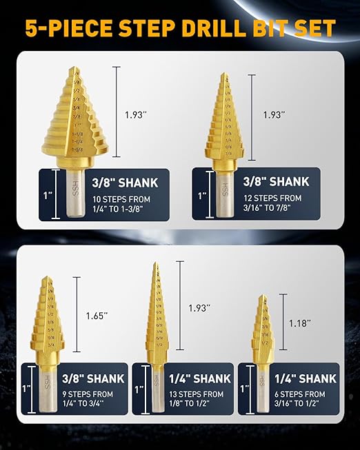 COMOWARE Step Drill Bit Set 5-Piece Titanium-Coated with Automatic Center Punch HSS- Covering 50 Sizes, Complete with Aluminum Case