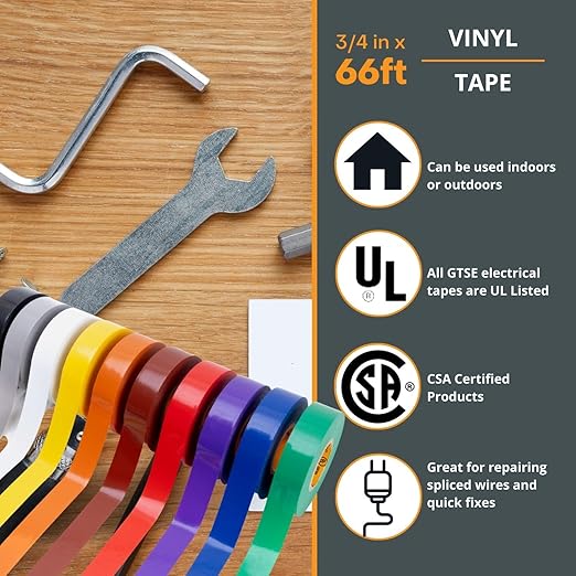 GTSE Mixed Colors Electrical Tape, 10-Pack – Waterproof, Industrial Grade Vinyl, 3/4 in x 66ft– Strong Self-Adhesive PVC Electric Tape for Wire Insulation, 7 Mil, 600V – UL/CSA Listed