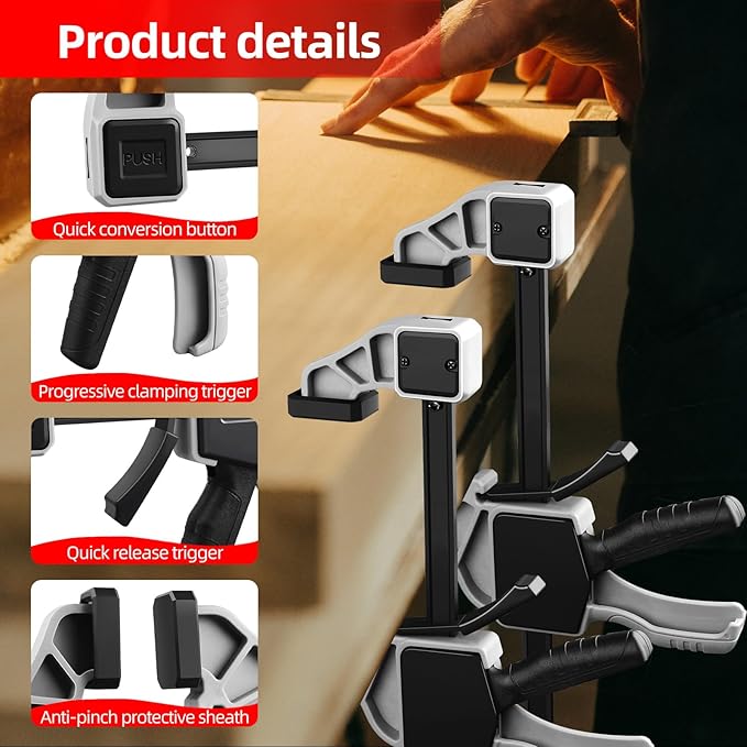 Bar Clamps for Woodworking,6-Pack Wood Clamps 12”(4)&6”(2) Light Duty One-Handed Quick Grip/Spreader Woodworking Clamp 150LBS Load Limit with Quick Change Button