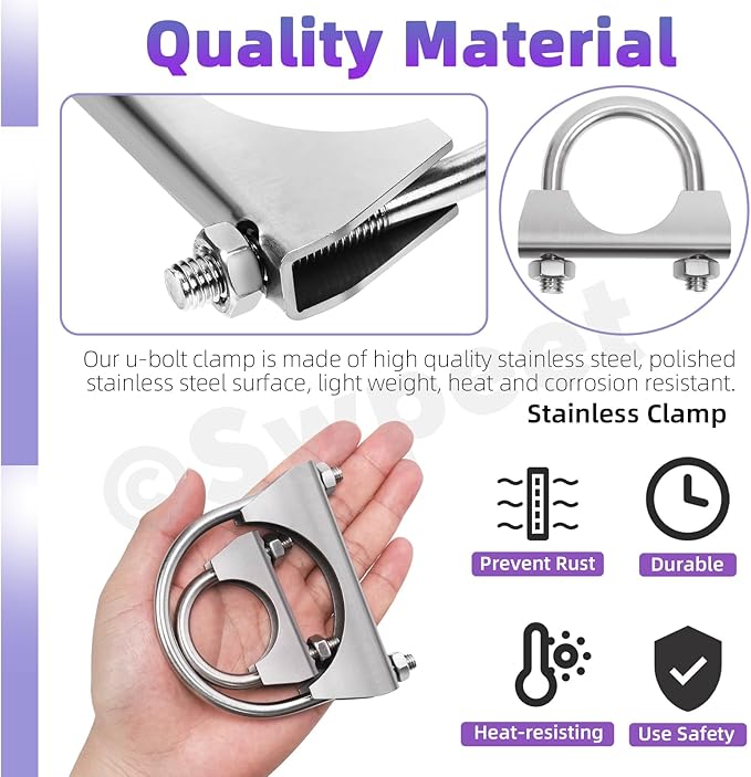 Swpeet 2Pcs 2 Inches - 50mm Exhaust U Clamp Kit, 304 Stainless Steel Muffler U-Bolt Clamps, Universal Heavy Duty U-Bolt Muffler Clamp Ideal for Tip Pipes Connection