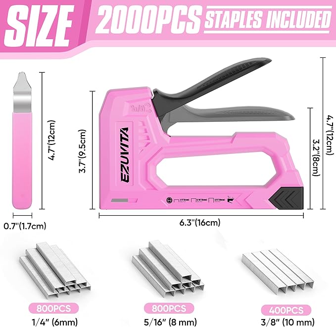 Light Duty Staple Gun for Wood, Pink Upholstery Staple Gun Kit with 2000pcs JT21 Staples 1/4, 5/16, 3/8 inch and Staple Remover, Stapler Gun for Crafts, DIY, Classroom, Decoration