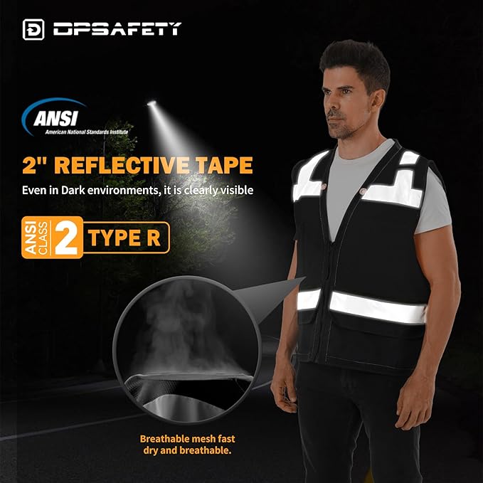 Reflective Safety Vest - Heavy Duty, ANSI/ISEA Standard Hi Vis Vest with Back Pocket & Zipper, Men & Women's (Black, 3XL)