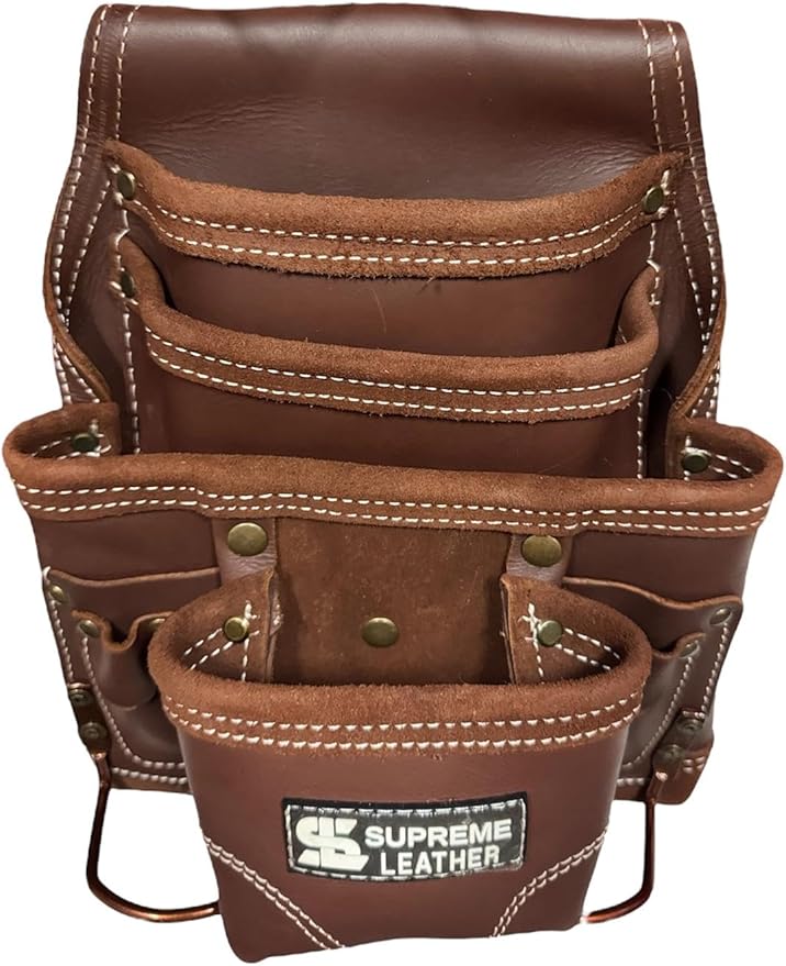 Supreme Leather Tool Pouch for Construction Carpenter Tool Bag Electrician's Pouch | 10 Pockets 2 Stainless Steel Hammer Holders Top Grain Leather Bag