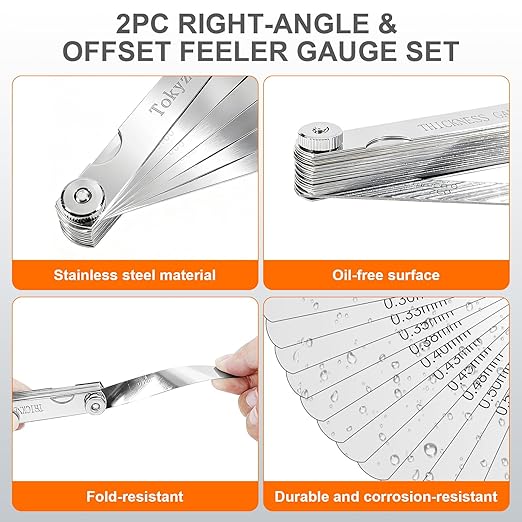 2Pcs Stainless Steel Feeler Gauge Set,32 Straight Blades Feeler Gauge&16 Pieces Angled Feeler Gauge Set, Measure Gap and Thickness for Guitar, Spark Plug, Valves Piston Measure Filler Gauge