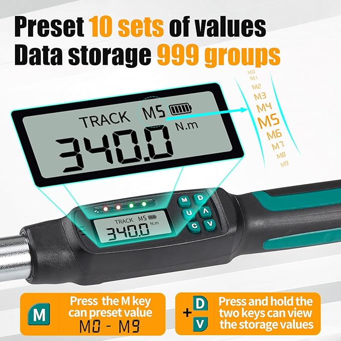 1/2-Inch Drive Digital Torque Wrench, 12.5-250 ft-lb (17-340 Nm), ±2% Accuracy - Professional Electronic Wrench with Buzzer & LED Alerts, Adapters for Automotive, Truck & SUV Lug Nuts