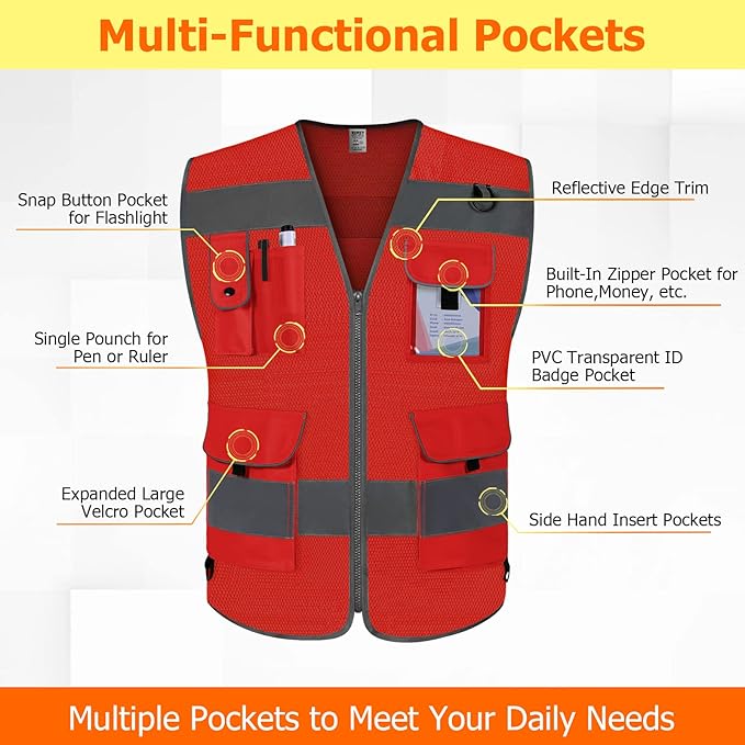 TCCFCCT Mesh Hi Vis Vest 9 Pockets High Visibility Reflective Safety Vest for Men Women, Safety Construction Vest with Reflective Strips, Meets ANSI/ISEA Standards, (Red, Medium)