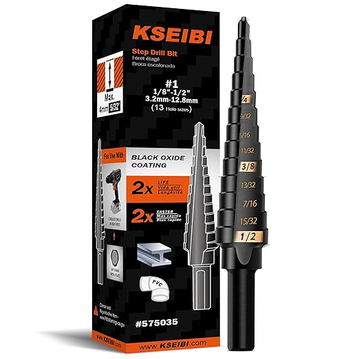 KSEIBI 575035 HSS Step Drill Bit 1/8-1/2 Inch, 3-Flat Shank Black Oxide for Metal, Wood, Plastic - 13 Steps Precision Drilling #1