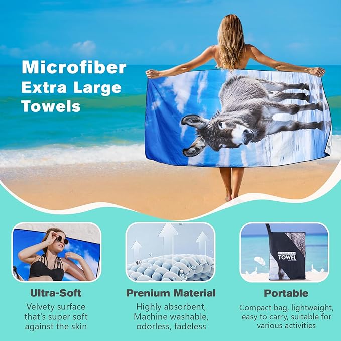Icefield Donkey Beach Towel Oversized 36" x 72", Thin Lightweight Sand Free Quick Dry Microfiber Towel for Swimming Pool Cruise Camping Travel