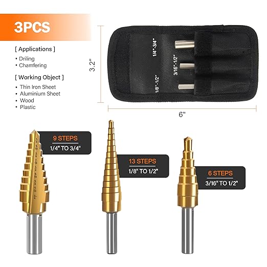 KENDO Step Drill Bit Set, Double Cutting Blades High Speed Steel Step Drill Bits for Metal, Wood Hole Drilling, Plastic, Total 28 Step Sizes Taper Drill bit Set, DIY Lovers with Bag, 3 Pieces
