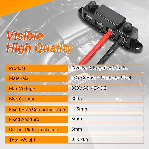 FEITON Power Distribution Block, 12V 300A Bus Bar, 3/8" Studs Terminal Strip, 12-48V Heavy Duty Terminal Block, Positive & Negative Junction Block with Cover, RV Car Marine Automotive Battery Busbar
