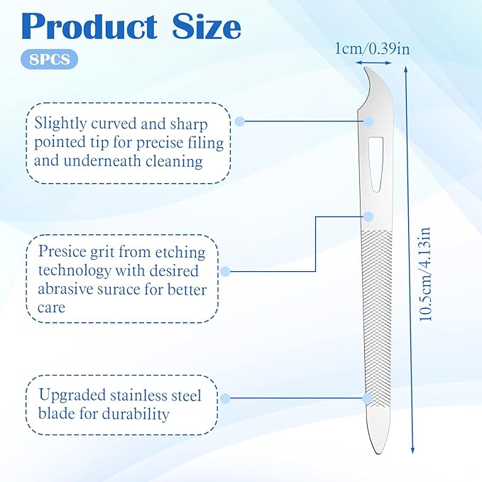 8pcs Metal Nail File Men, Stainless Steel Nail File for Natural Nails, 4.1 Inch Thin Metal Fingernail Files with Curved Sharp Pointed Tip Double Sided Manicure Pedicure Toenails Tools