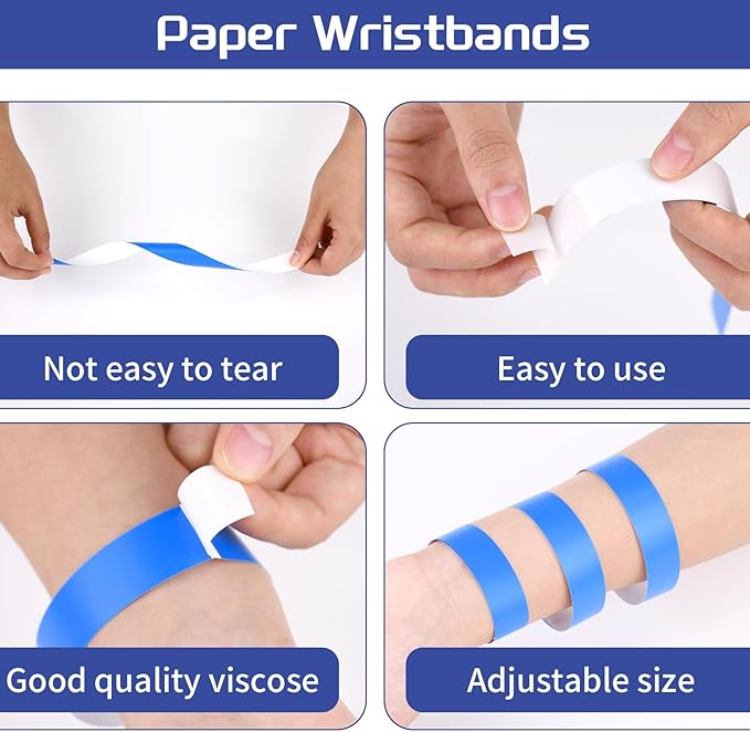 500 Pcs Blue Paper Wristbands for Events Waterproof Neon Wrist Bands Adhesive Concert Identification Wristbands Hand Bands for Events (Blue)
