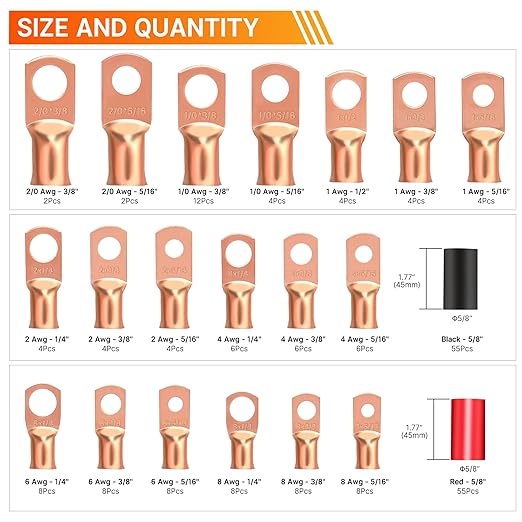 Kuject 220PCS Battery Cable Ends AWG 1 2 4 6 8 1/0 2/0 Gauge, 110PCS Heavy Duty Copper Wire Lugs Kit, Battery Cable Terminal Connectors Assortment with 110PCS 3:1 Heat Shrink Tubing