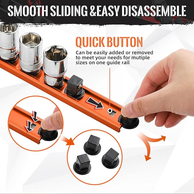 Magnetic Socket Organizer, 1-Piece Heavty Duty Aluminum Socket Holder, Socket Rail for Tool Box, Premium Quality 360° Swivel Socket Rack with 14 Clips for 3/8-Inch(Orange)