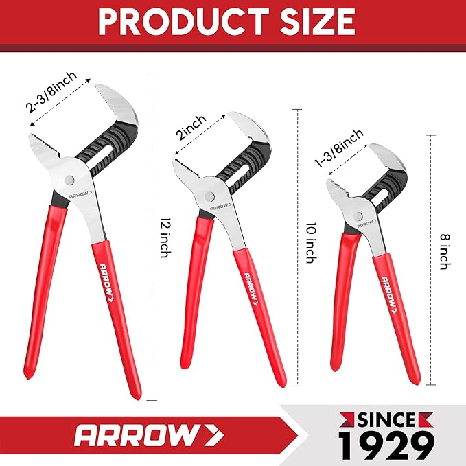 ARROW Groove Joint Pliers, 12" Adjustable Water Pump Pliers with 7 Jaw Positions, Serrated Jaws and Comfort Dip-grip Handle, Ideal for Plumbing Repair and Home Maintenance