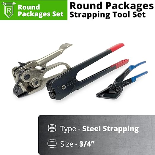 IDL Packaging Round Packages Strapping Tool Set for 3/4" Steel Strapping, 1700 lbs Break Strength – Tensioner, Sealer, Cutter for Metal Banding – Packaging Strapping Tool Kit to Secure Heavy Packages