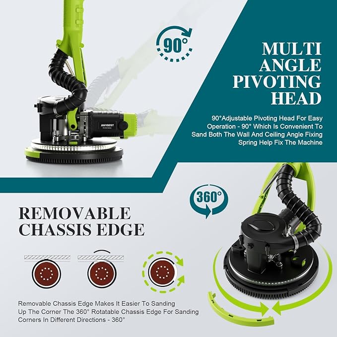 AMYBEST Drywall Sander, Powerful Electric Drywall Sander with Vacuum Dust Collection, 5 Speed 1000-2100 RPM, Popcorn Ceiling Remover, LED Light & 12 Sanding Discs, Extendable Handle (GREEN）