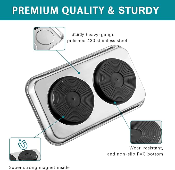3 Pieces Magnetic Trays Set Stainless Steel Magnet Tool Tray Parts Holder for Screws, Sockets, Bolts, Pins, Mechanic's and Automotive