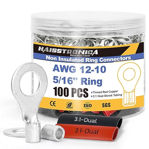 haisstronica Non Insulated Wire Connectors Kit，50pcs 5/16” Ring Terminals (AWG12-10) with 50pcs 3:1 Heat Shrink Tubing for Automotive Marine，Brazed Seam Wire Crimp terminals