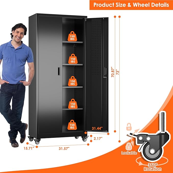 Aobabo 73''H Metal Garage Storage Cabinet with Wheels and Pegboards, 4 Adjustable Shelves Steel Storage Cabinets for Home,Warehouse,Garage,Assembly Required,Black
