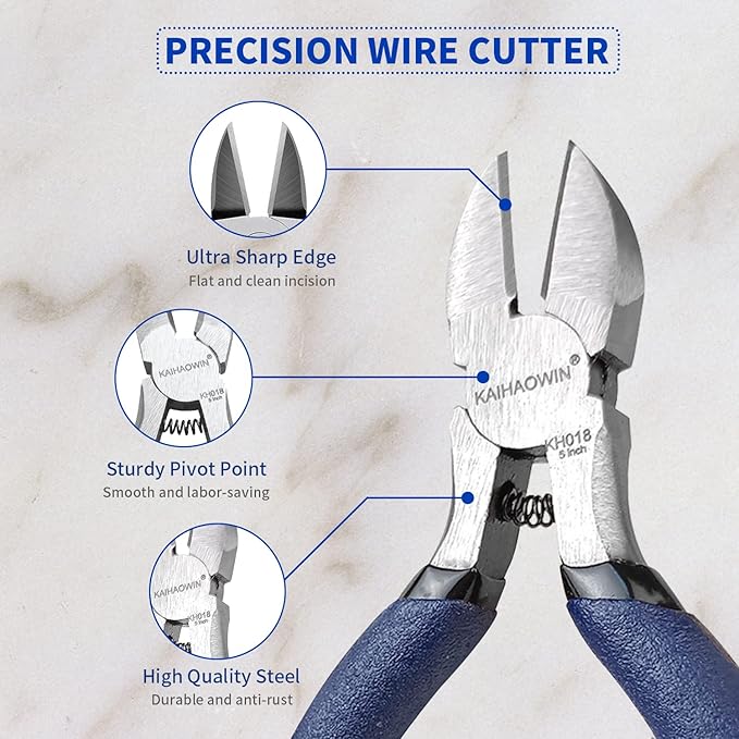 Wire Cutters 5 * 5 inch, KAIHAOWIN Flush Cutters Diagonal Cutters Side Cutters Precision Ultra Sharp Spring Loaded Wire Snips Clippers Dikes Cutting Pliers Small for Crafting Jewelry Making