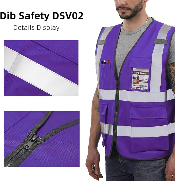 Dib Safety Reflective Vest High Visibility with Pockets and Zipper, Purple L