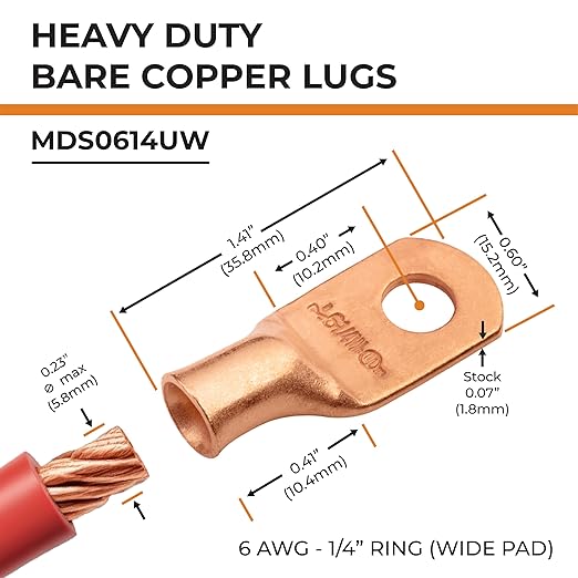 SELTERM 25pcs 6 AWG 1/4" Stud (Wide Pad) Battery Lugs, Ring Terminals, Heavy Duty Copper Wire Lugs, Battery Cable Ends, 6 Gauge Ring Terminal Connectors, UL Bare Copper Eyelets Battery Cable Lugs