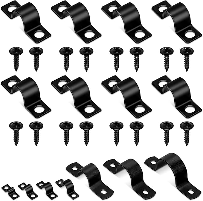Glarks 75pcs 10mm Pipe Strap Clamp, Black Carbon Steel 2 Hole Strap Heavy Duty Rigid Pipe Strap U Bracket Tube Strap Cable Clamp Hanger Tension Tube Clip with screw for Pipe Tube Cable Fixing