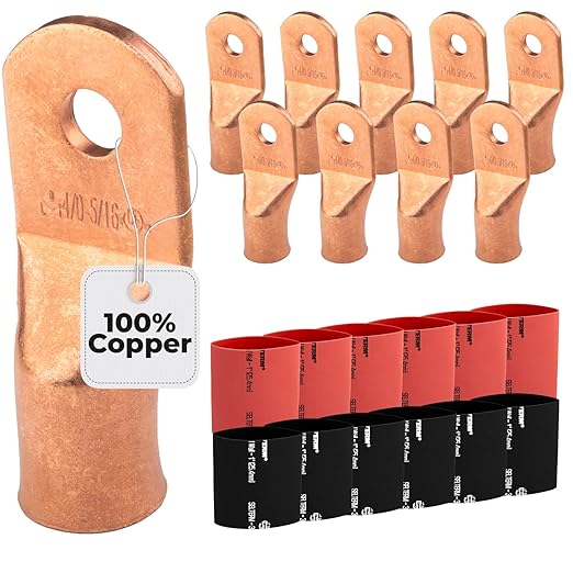 SELTERM 10pcs - 4/0 Awg - 5/16" Stud - Battery Lugs - Ring Terminal Connectors | with 12pcs 3:1 Black & Red Heat Shrink Tubing with Adhesive | Heavy Duty Battery Cable Ends - Bare Copper Wire Lugs Kit
