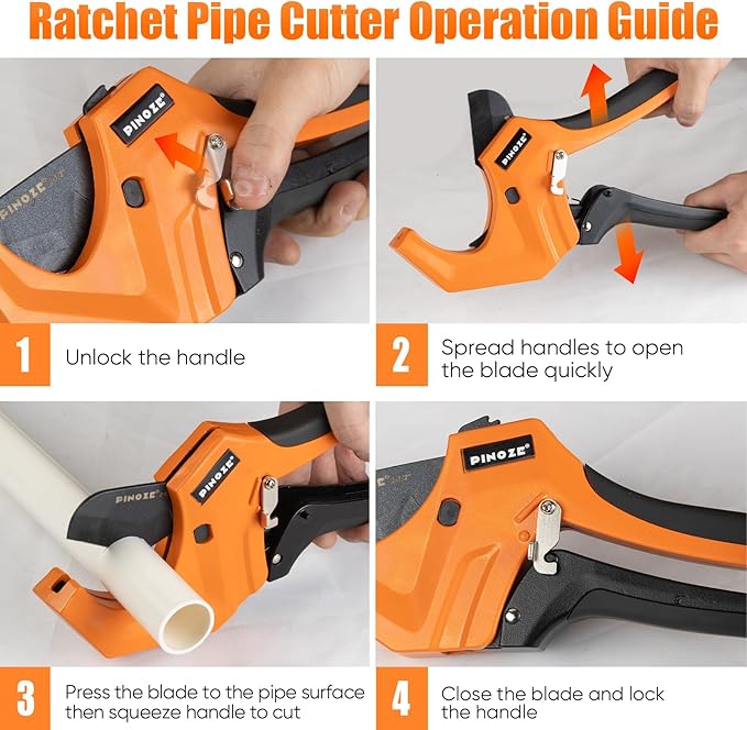PVC Pipe Cutter Cuts up to 2-1/2”, Aluminum Ratchet Pipe Cutter Tool Heavy-Duty for PVC, PPR, PE, PEX, Plastic Hoses & Plumbing Pipes, Fast Pipe Tube Cutters with Teflon Coated SK5 Blade