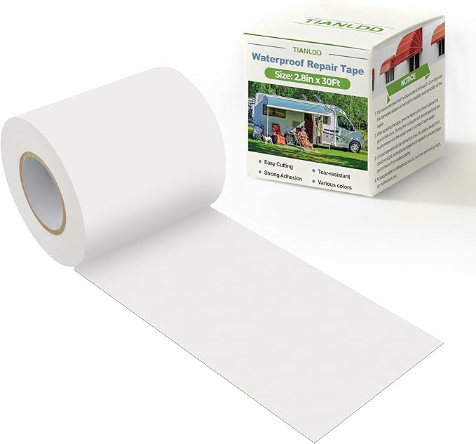 Waterproof Repair Tape for Fabric,RV Awning,Boat Covers,Tents,Tarp,Heavy Duty Outdoor Repair Patch - 2.8IN x 30FT（White）