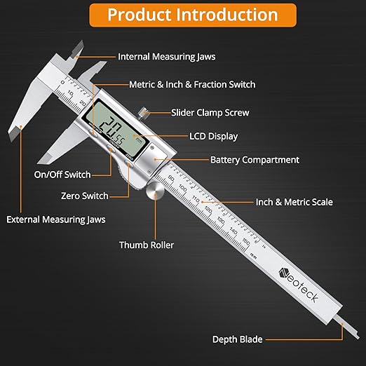 Neoteck 6 inch/150mm Digital Caliper Vernier Caliper Stainless Steel LCD Display Digital Caliper Measuring Tool with Fraction/Inch/MM Conversion Used for Inside,Outside Diameter,Depth,Step Measurement