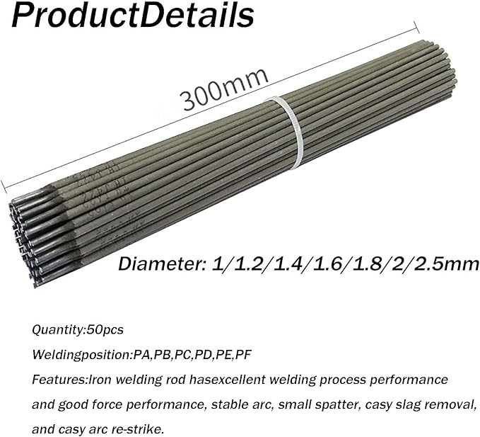 50PCS J422 Welding Rods 1.8mm, Mild Steel Electrodes, All Position Stick Rods, Smooth Welding Performance, Ideal for DIY and Repair,50pcs,1.0mm