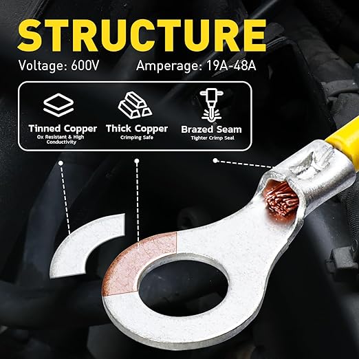 haisstronica 100pcs #8 Ring Terminals,AWG 16-14 Brazed Seam Non-Insulated Copper Wire Connectors