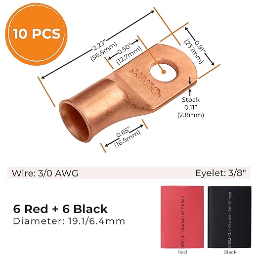 SELTERM 10pcs - 3/0 Awg - 3/8" Stud - Battery Lugs - Ring Terminal Connectors | with 12pcs 3:1 Black & Red Heat Shrink Tubing with Adhesive | Heavy Duty Battery Cable Ends - Bare Copper Wire Lugs Kit